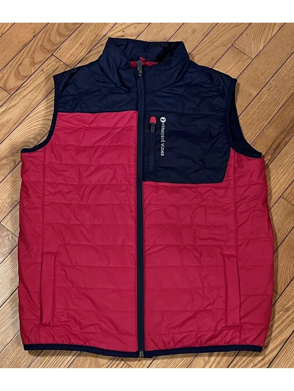 Vineyard Vines Grid Fleece Mountain Weekend Insulated Vest Red/Navy Kids Size XL